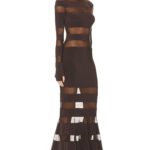 NEW NWT Norma Kamali Spliced Dress Fishtail Gown in Chocolate & Chocolate Mesh - Picture 6 of 10
